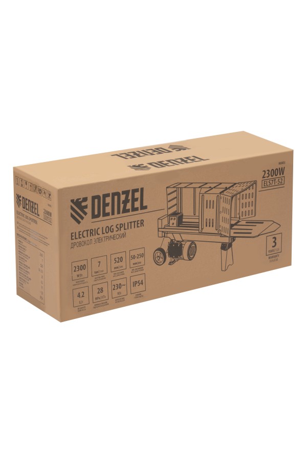 Дровокол электрический ELS7T-52, 2300 Вт, сила раскола 7т, макс. размеры полена D250 x 520 мм Denzel