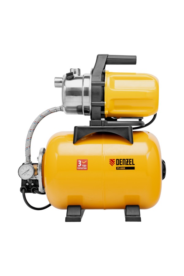 Насосная станция PS800X, 800 Вт, 3200 л/ч, ресивер 24 л, подъем 38 м, нержавейка Denzel
