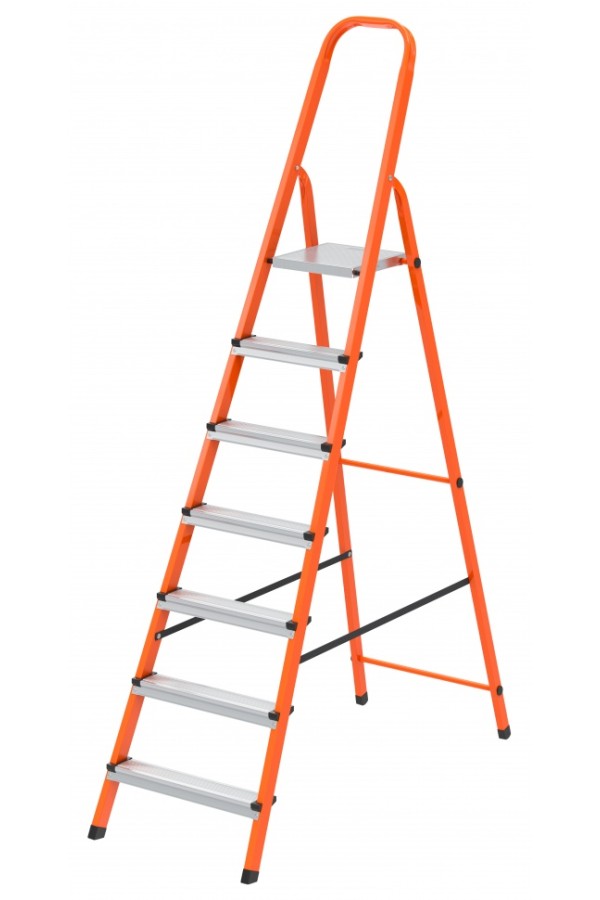 Стремянка, 7 ступеней, стальной профиль, ступени сталь, оранжевая, Сибртех
