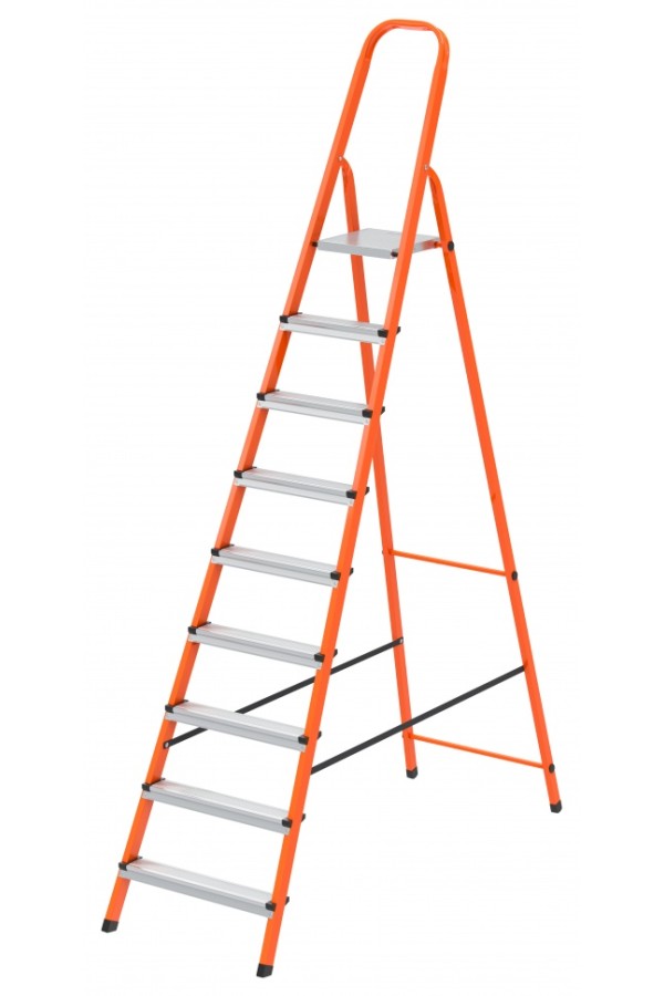 Стремянка, 9 ступеней, стальной профиль, ступени сталь, оранжевая, Сибртех