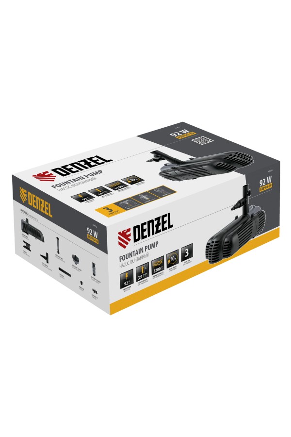 Насос фонтанный FNP90-39, 92 Вт, подъем 3,9 м, 3200 л/ч, колокольчик/каскад/гейзер Denzel