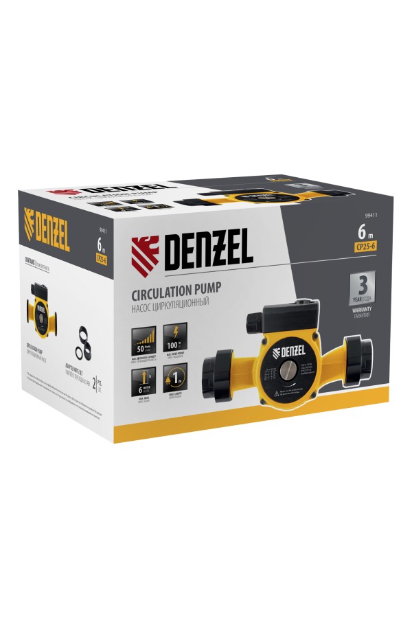 Циркуляционный насос CP25-6, напор 6 м, 50 л/мин, 1 м кабель, монт. длина 180 мм Denzel