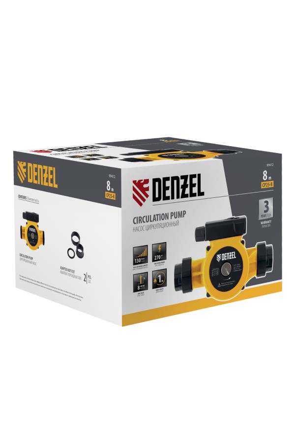 Циркуляционный насос CP25-8, напор 8 м, 130 л/мин, 1 м кабель, монт. длина 180 мм Denzel