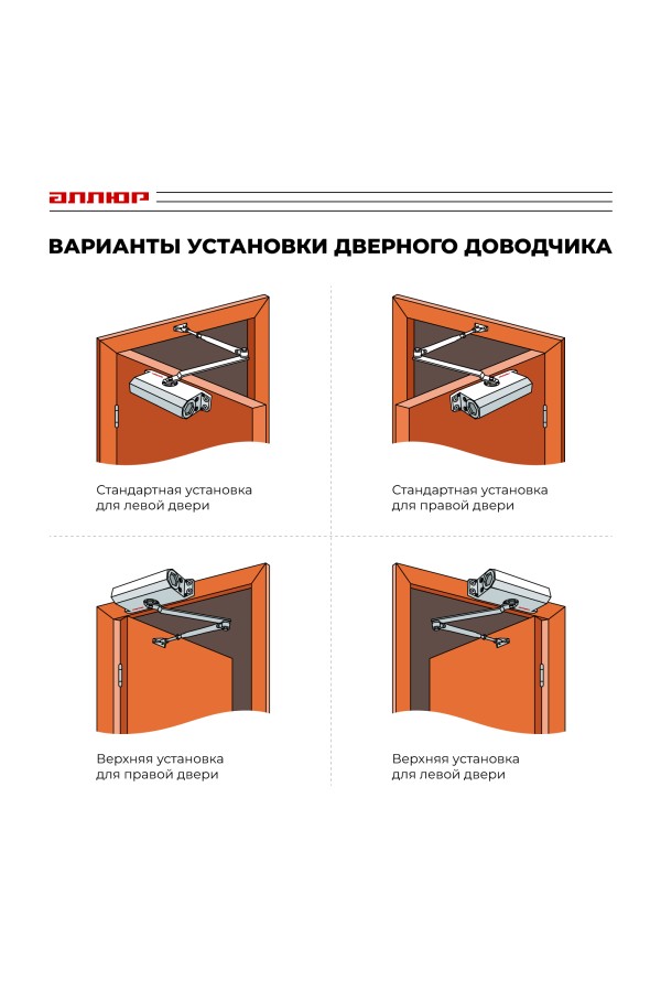 АЛЛЮР Доводчик дверной COMFORT ДД 188/3-5 A-S (до 130 кг) серебро RAL9006, морозостойкий (10)