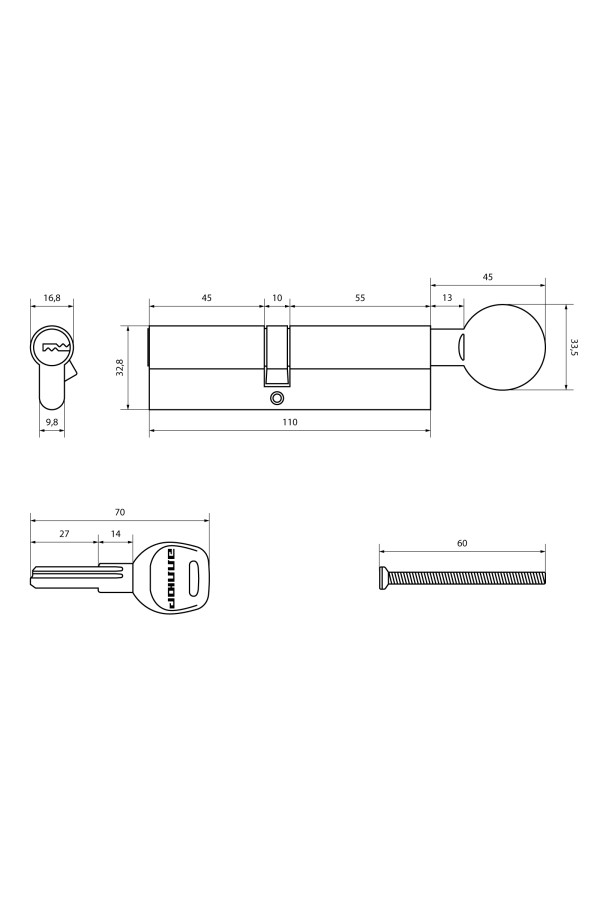 АЛЛЮР HD FG 110-5К CP[45х10х55G](50x60G) хром перф.кл БЛИСТЕР Цилиндровый механизм (60,50,10)