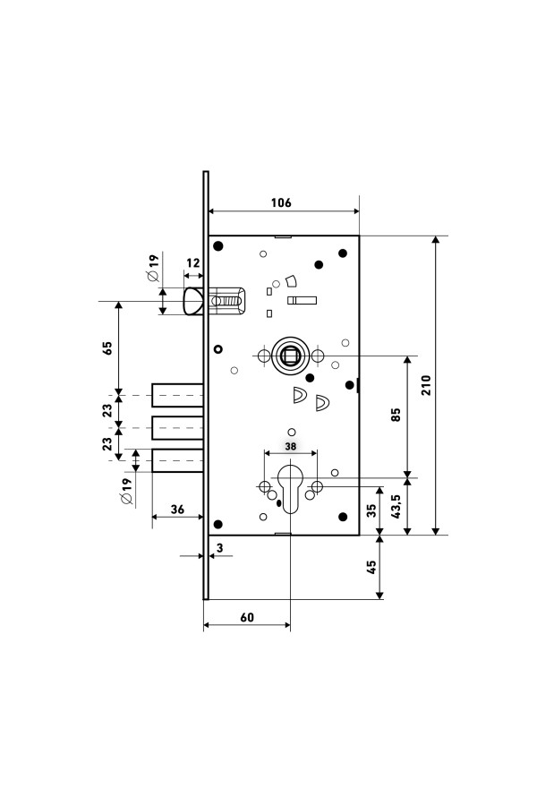 БУЛАТ ЗВ4-3(16).60.85.08 хром, без ручек, без ц/мех.,б/о. Корпус замка для металлических дверей (12)