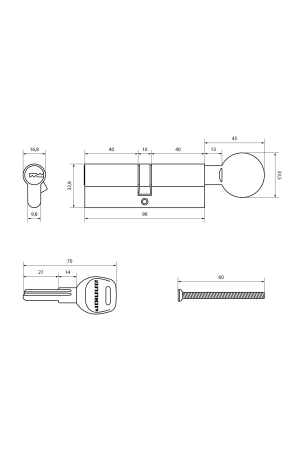 АЛЛЮР HD FG 90-5К BP (45x45G) латунь перф.кл/верт БЛИСТЕР Цилиндровый механизм (60,50,10)