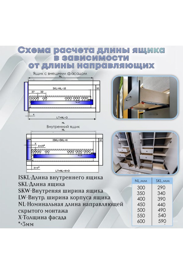 ХБ Направляющие мебельные 2D скрытого монтажа с доводчиком 600мм полного выдвижения