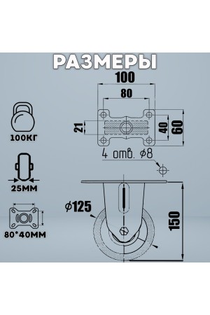 ХБ Колёса мебельные неповоротные на площадке 125мм 2шт BLUE