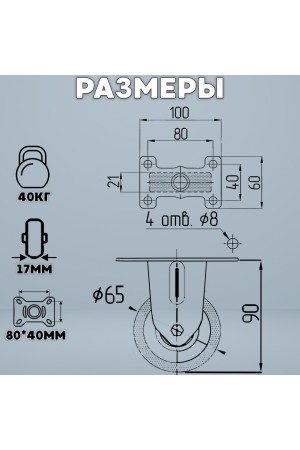 ХБ Колёса мебельные 2шт неповоротные на площадке BLUE 65мм